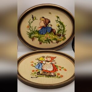 Vintage 1970s Set Of 2 Hummel Crewel Stitchery Girl Boy Oval Frame No Glass